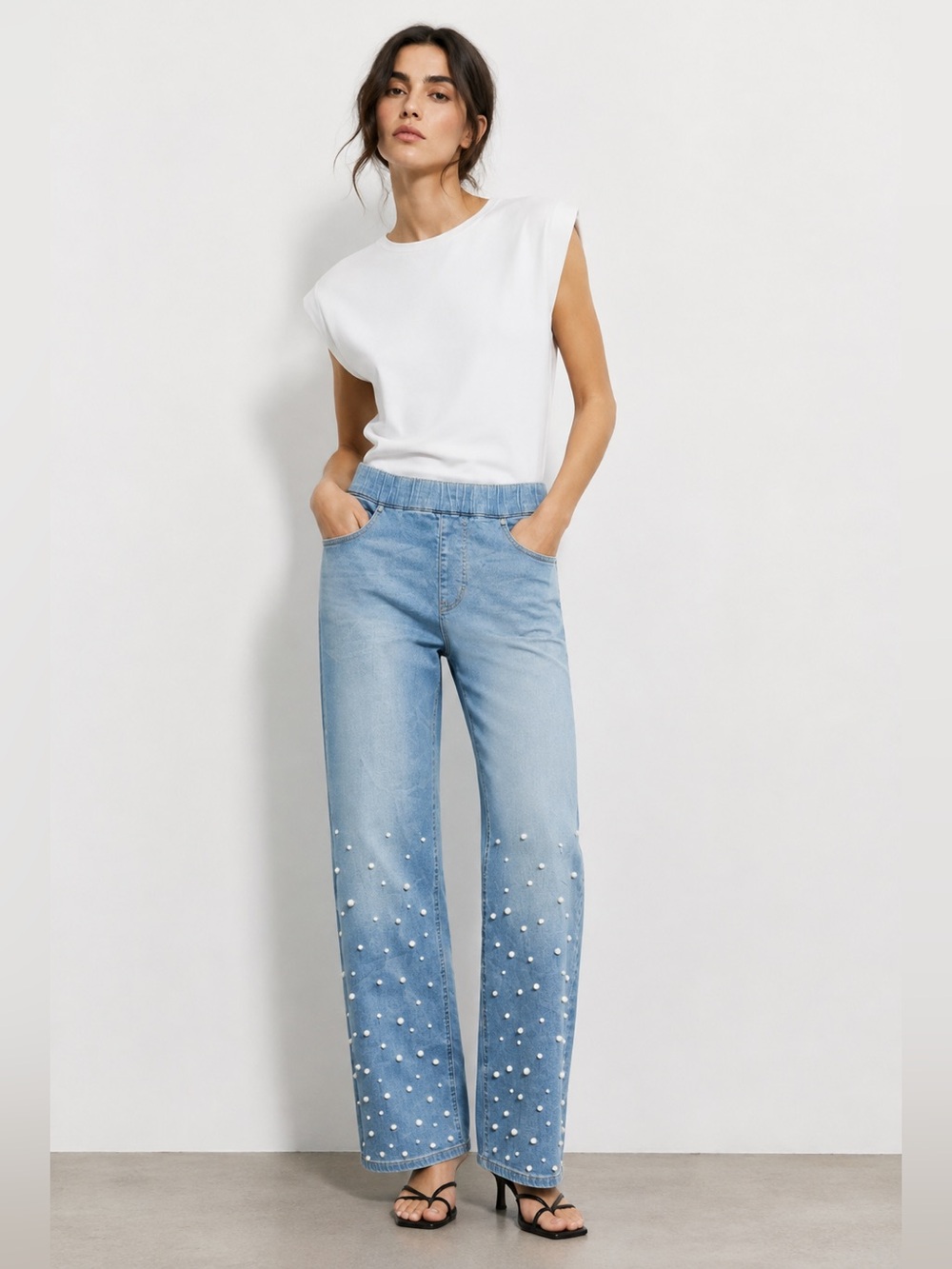 Isaac Mizrahi Pearl Embellished Light Wash Straight-Leg Jeans - 18W
